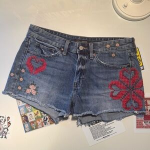 Lucky Brand Women's Blue Denim Boy Shorts with Floral Embroidery